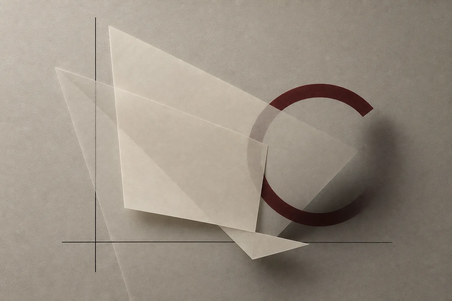 Abstract translucent paper planes, black lines and an oxblood circle