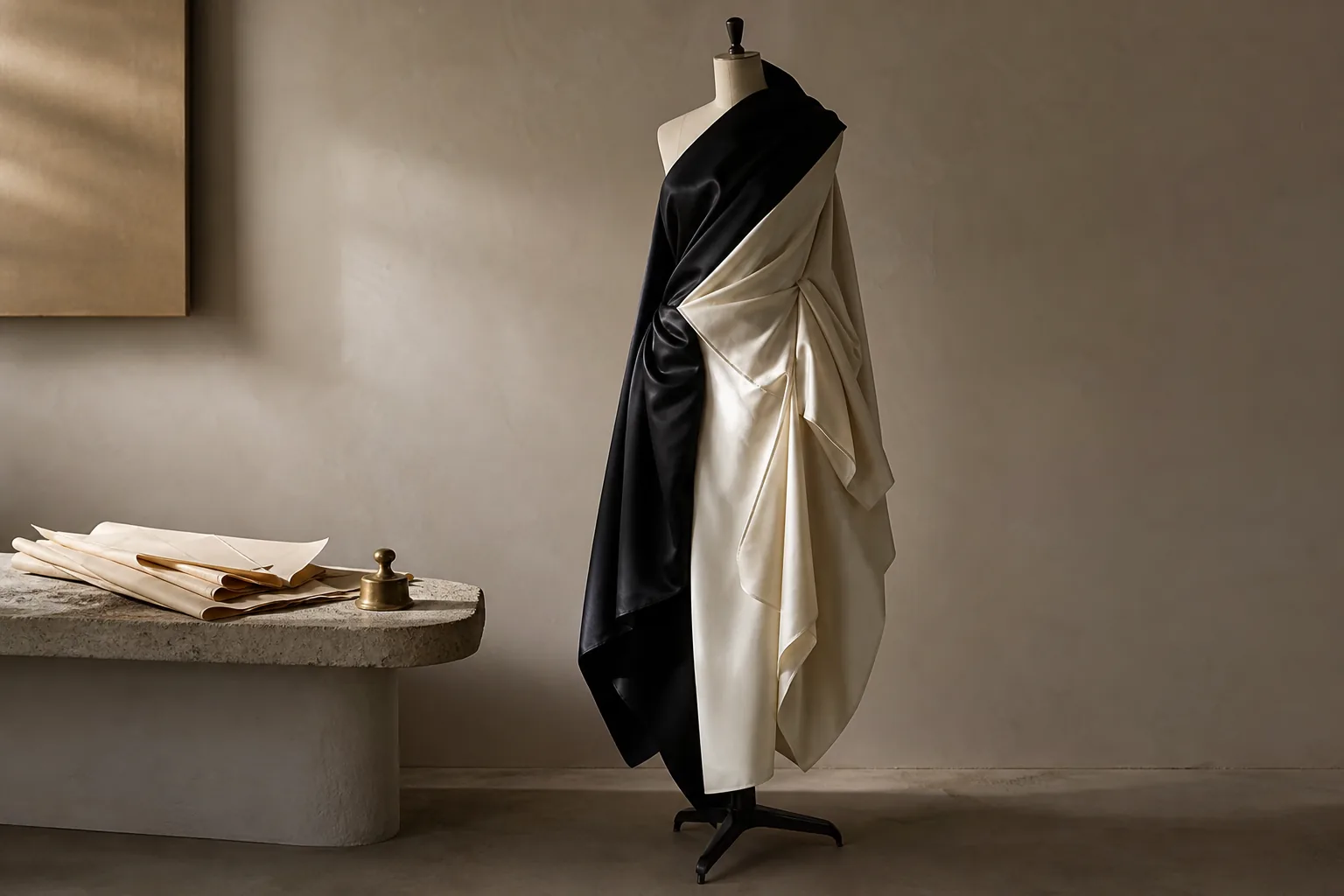 Conceptual black and ivory drape study in an anonymous studio setting