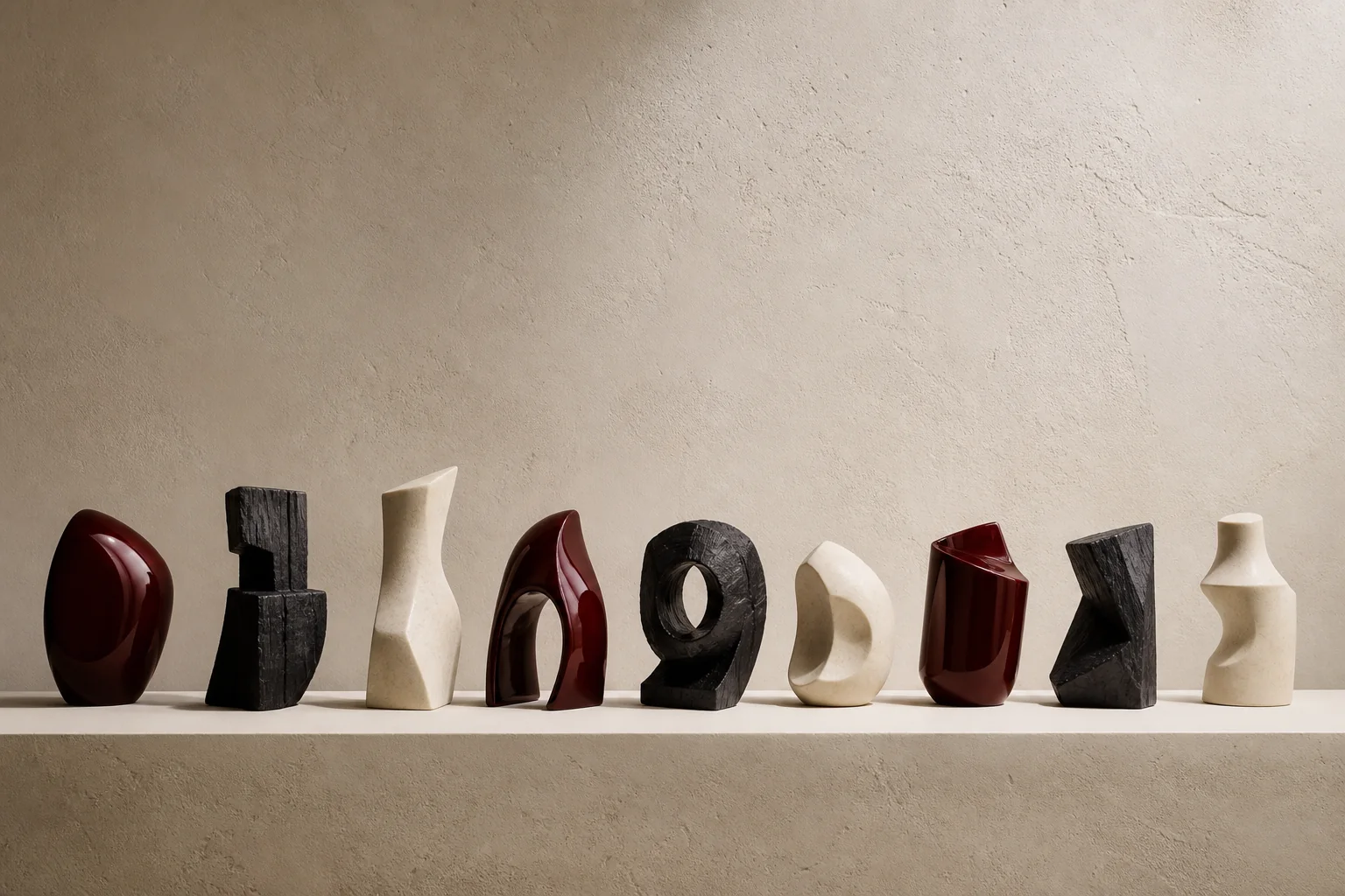Rhythmic abstract sculptures in lacquer red, black wood and ivory mineral