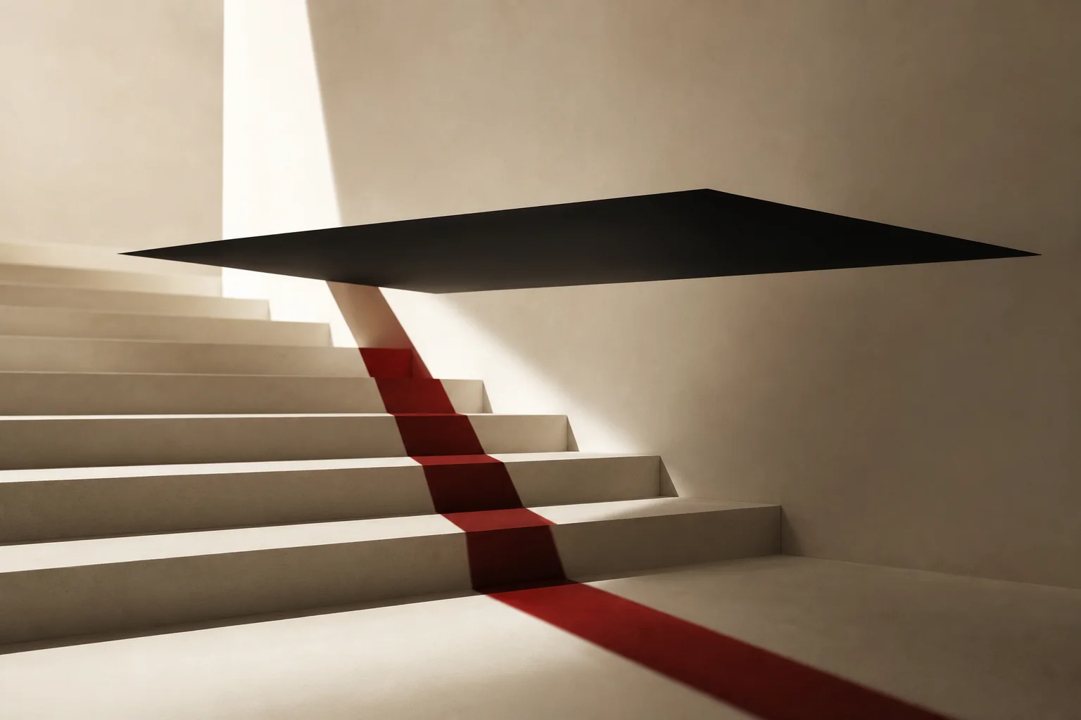 Ivory architectural steps crossed by an oxblood beam beneath a floating black plane