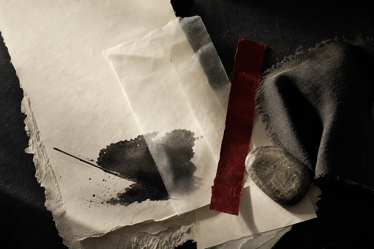 Abstract study of handmade paper, ink, black fabric and oxblood material