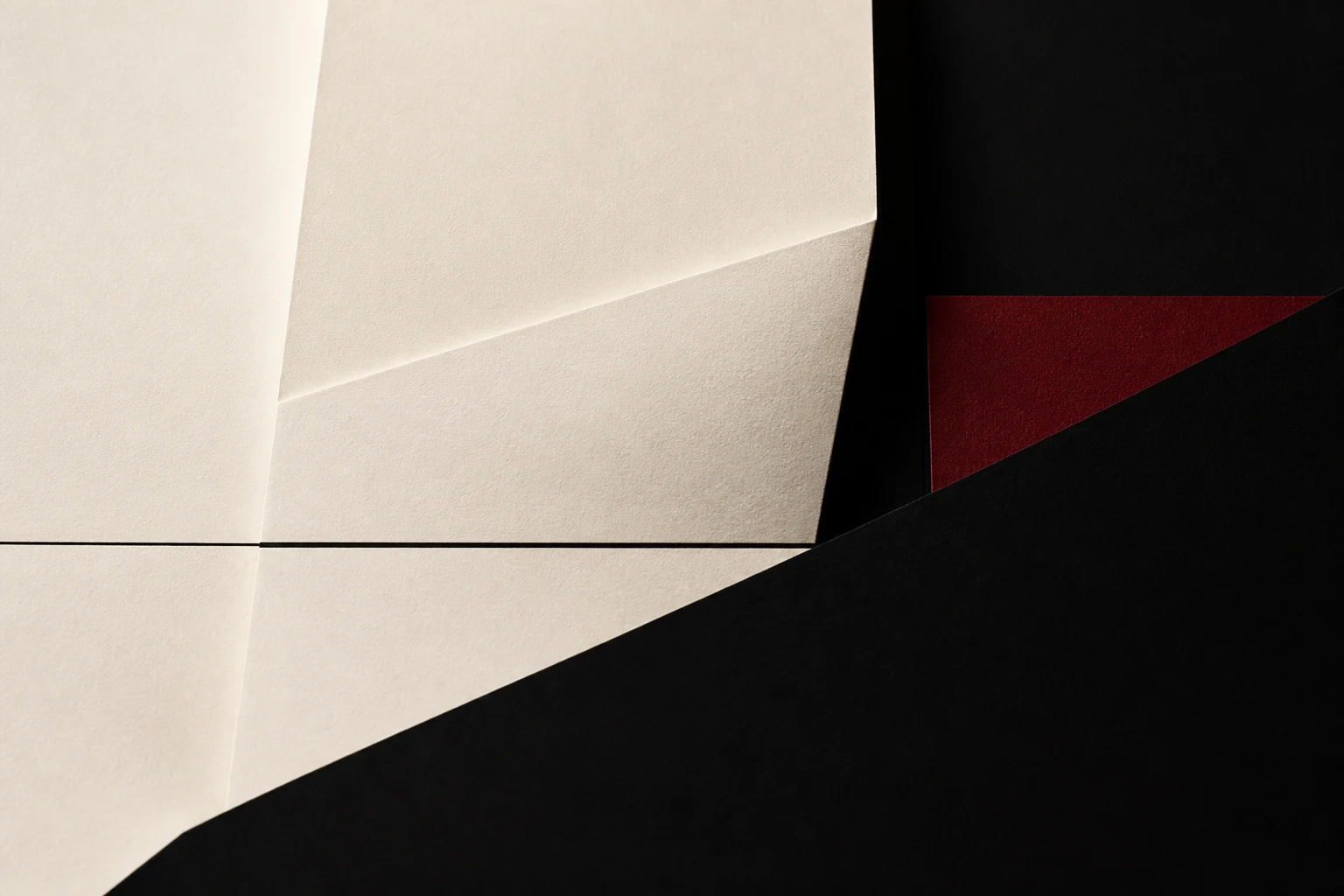 Abstract ivory paper planes, black reference line and oxblood rectangle