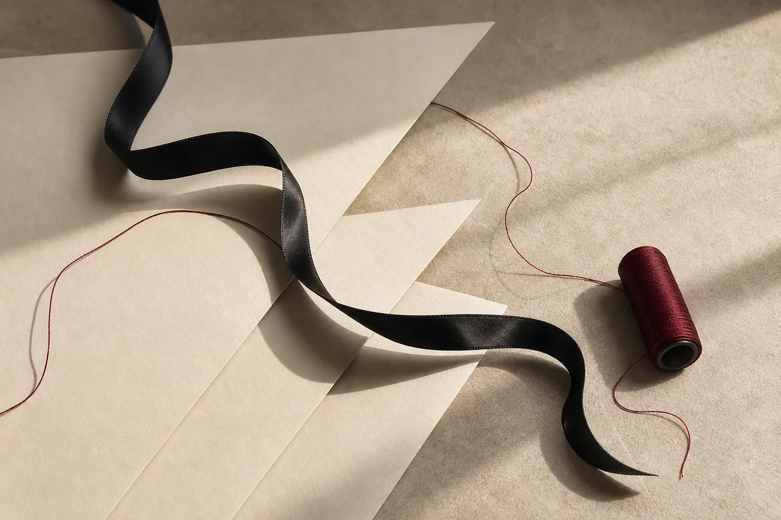Abstract ivory paper, black ribbon and oxblood thread study